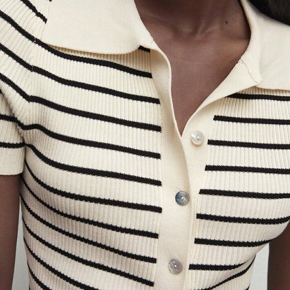 Apricot Casual Women's Lapel Striped Button Knitted Sweater - Picture 4 of 7